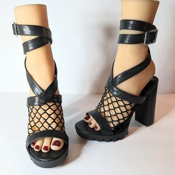 Cape Robbin Black Netted Strappy Chunky High Heels - Picture 4 of 13